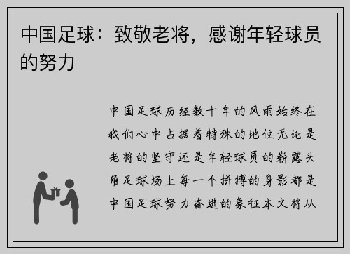 中国足球：致敬老将，感谢年轻球员的努力