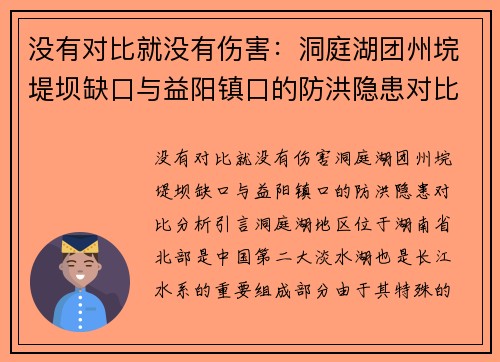 没有对比就没有伤害：洞庭湖团州垸堤坝缺口与益阳镇口的防洪隐患对比分析